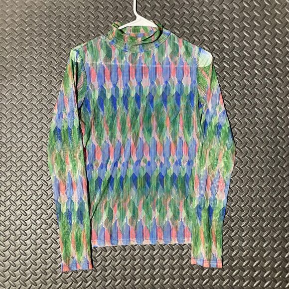 Anthropologie‎ Geometric Rainbow Color Mesh Mock-neck Long Sleeve Size Small - Picture 1 of 7